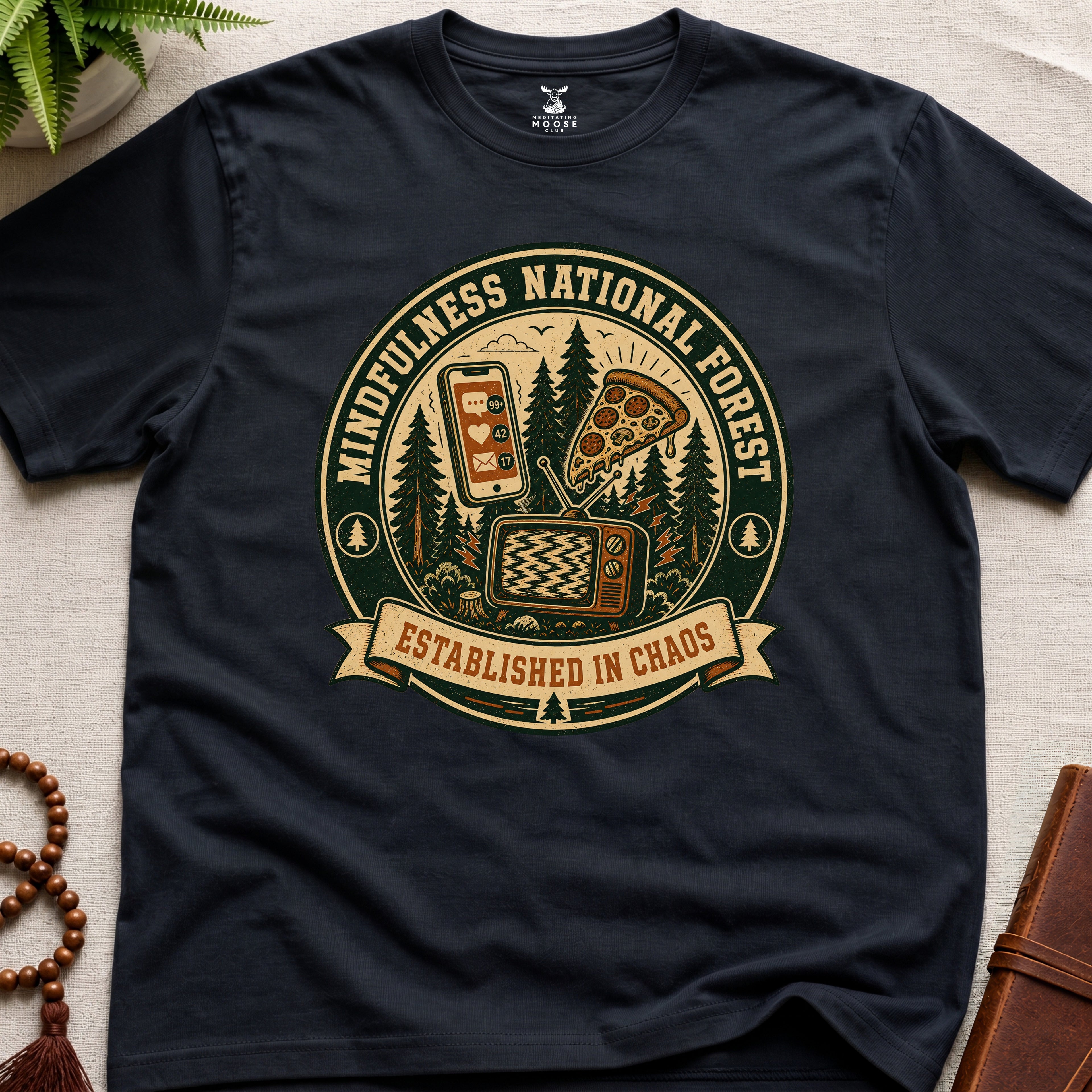 Black funny mindfulness t-shirt mockup featuring Mindfulness National Forest distracted mind graphic design