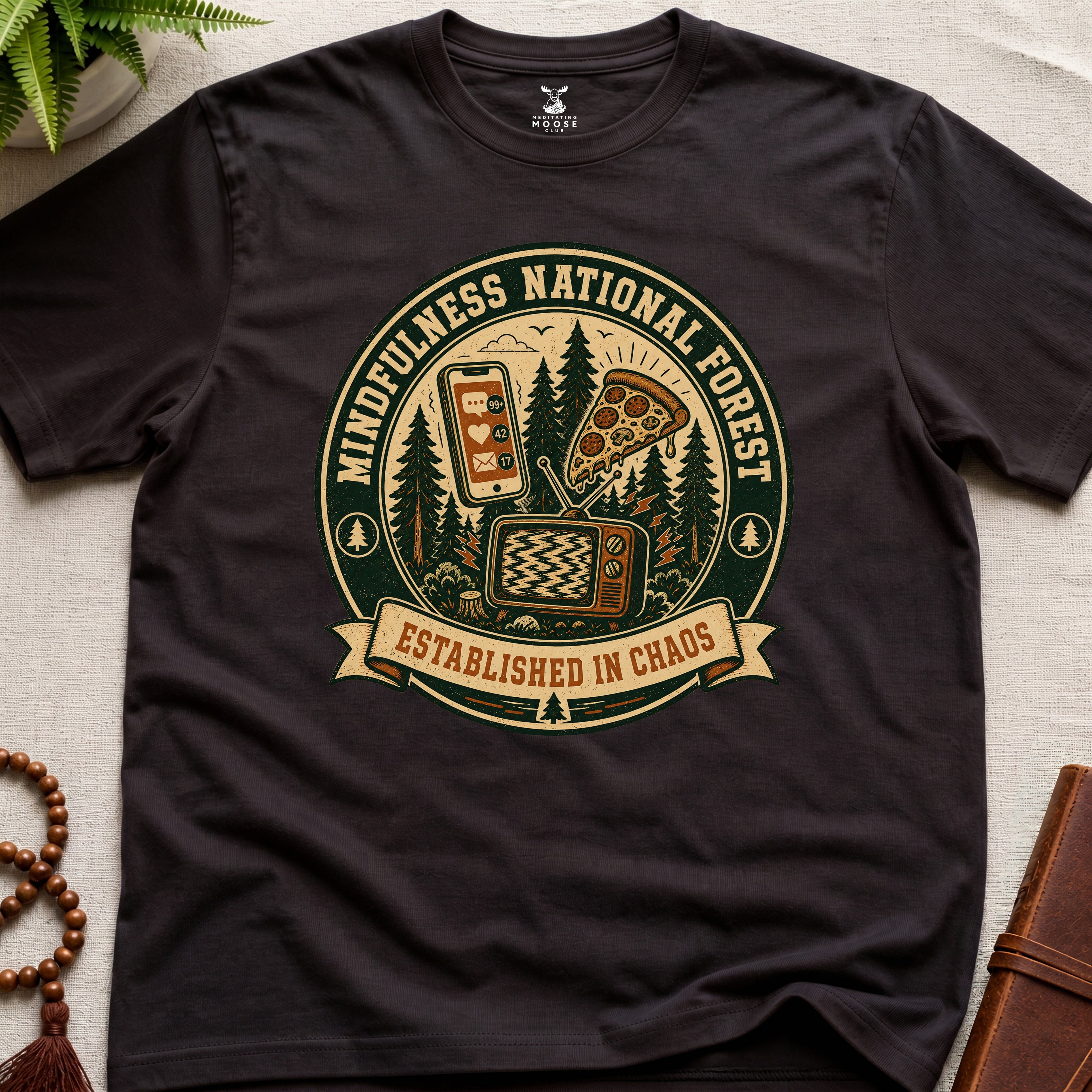Dark brown funny mindfulness t-shirt mockup featuring Mindfulness National Forest distracted mind graphic design