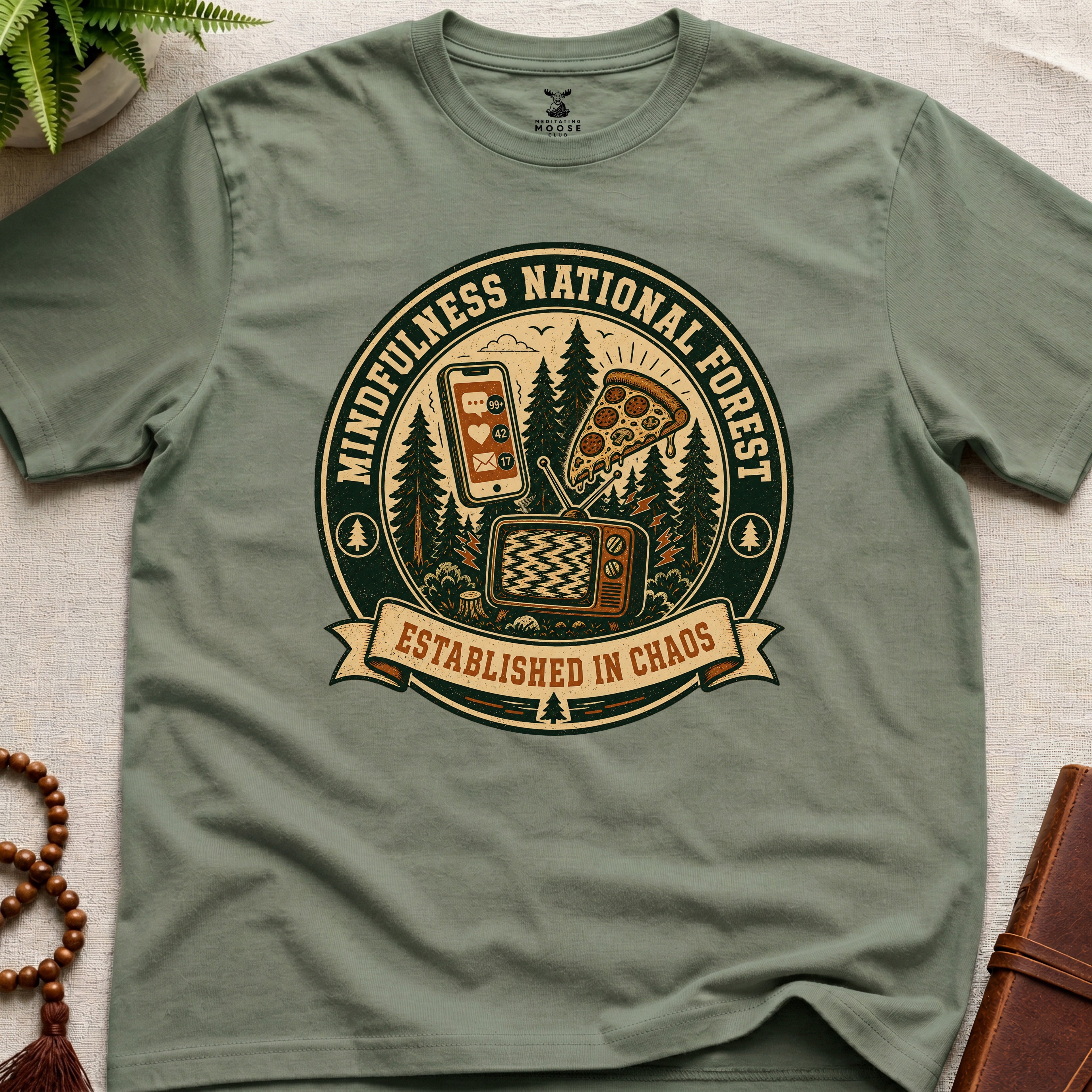 Green funny mindfulness t-shirt mockup featuring Mindfulness National Forest distracted mind graphic design