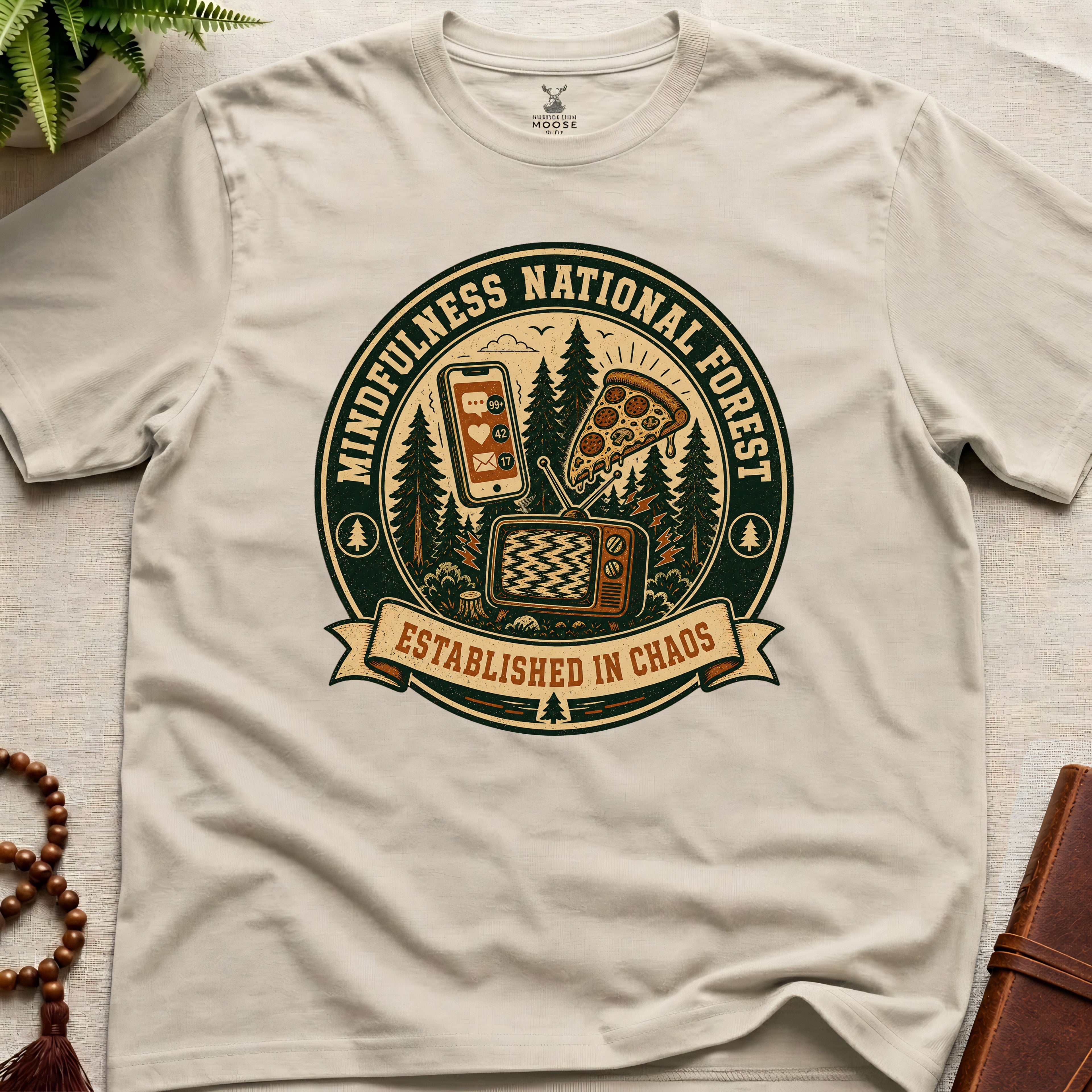 Beige funny mindfulness t-shirt mockup featuring Mindfulness National Forest distracted mind graphic design