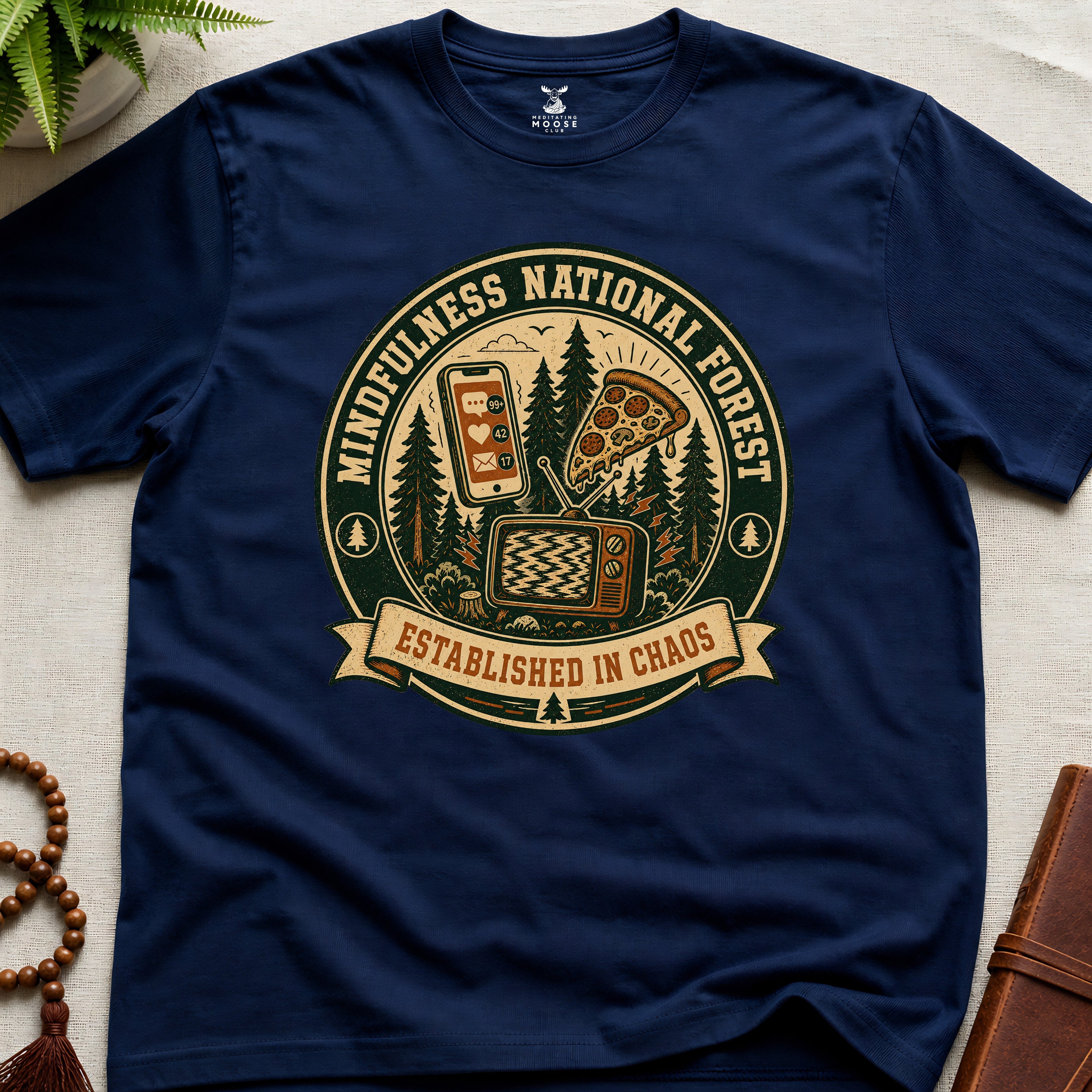 Navy funny mindfulness t-shirt mockup featuring Mindfulness National Forest distracted mind graphic design