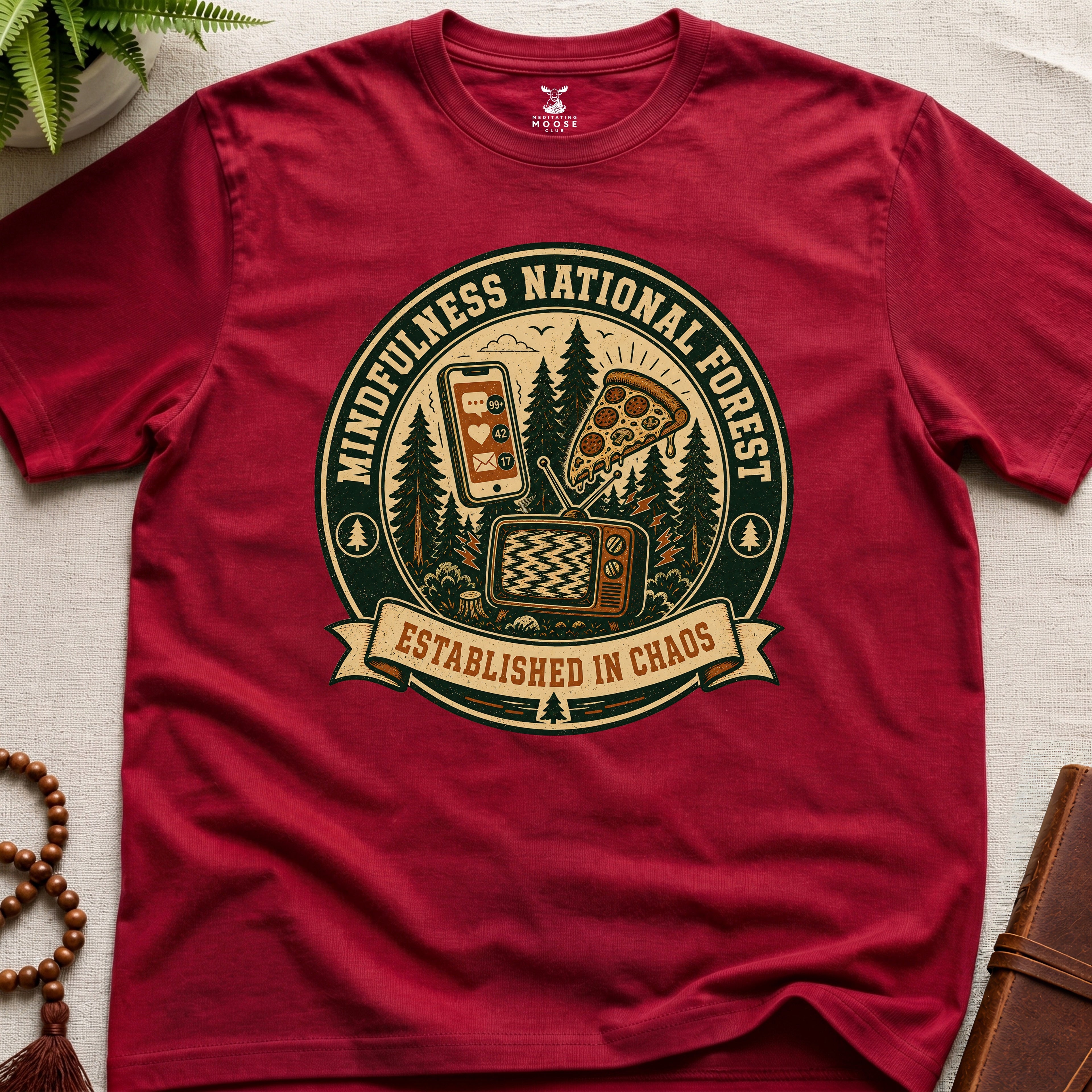 Red funny mindfulness t-shirt mockup featuring Mindfulness National Forest distracted mind graphic design