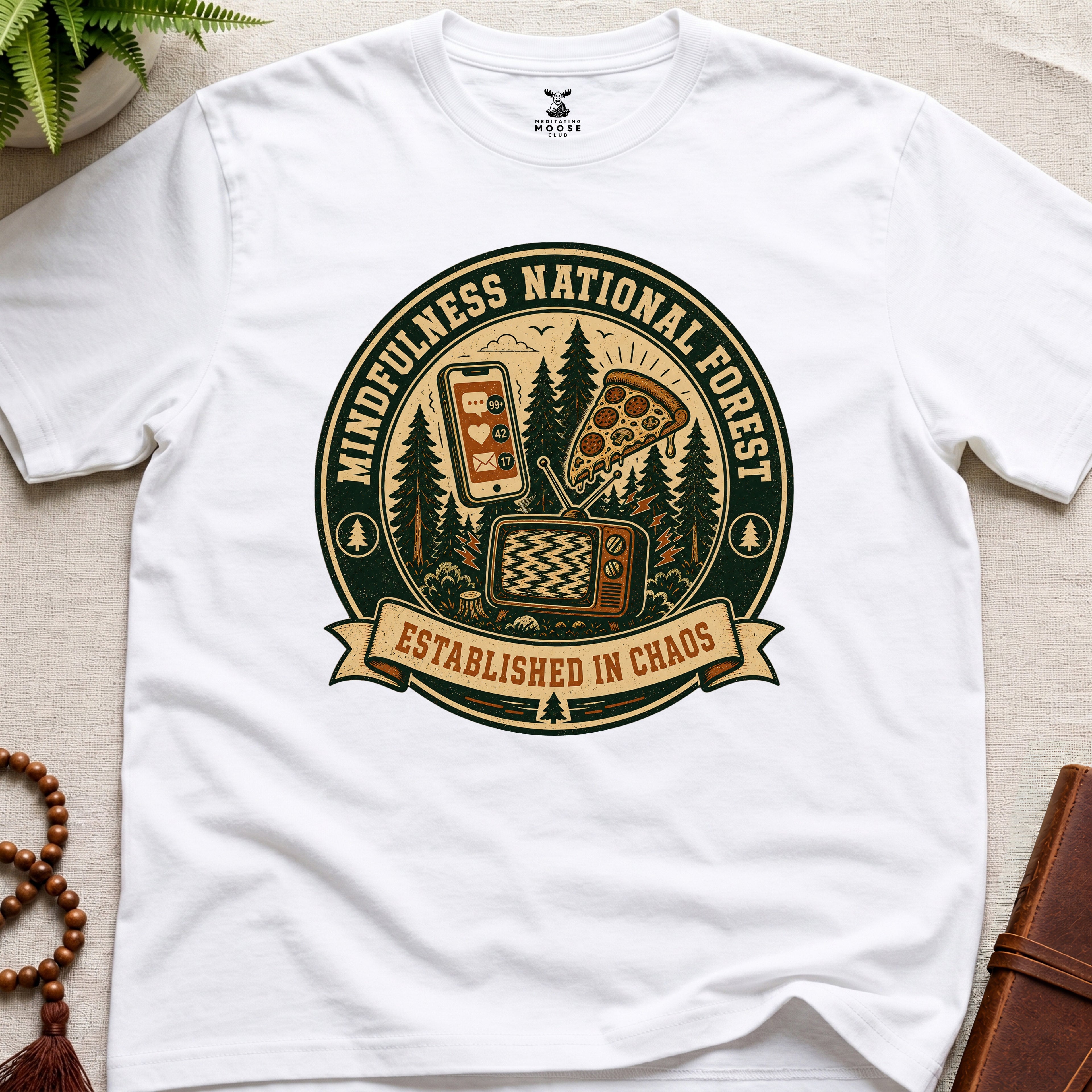 White funny mindfulness t-shirt mockup featuring Mindfulness National Forest distracted mind graphic design