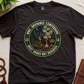 Dark brown funny mindfulness t-shirt mockup featuring Meditating Moose Club Grievance Campground overthinking graphic