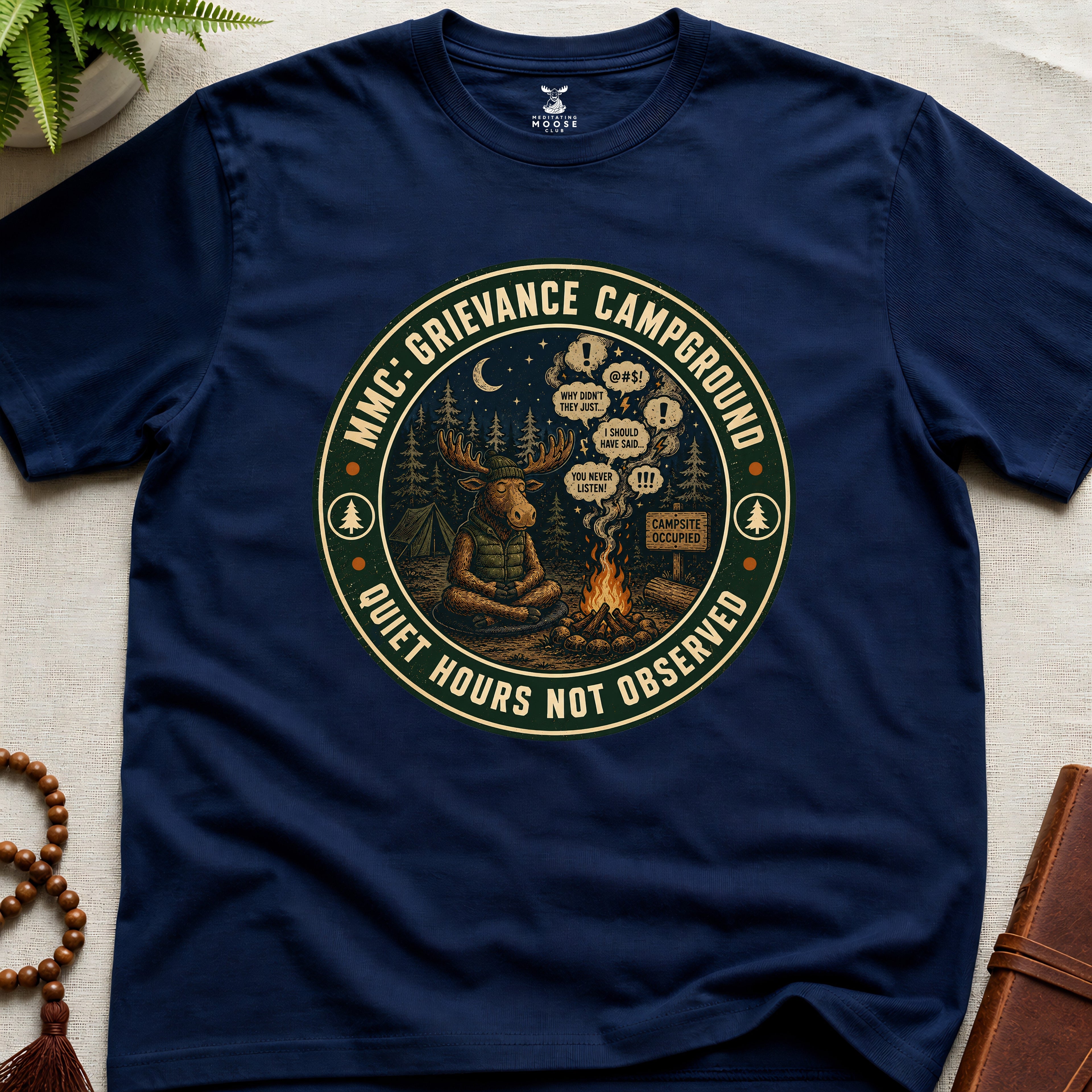 Navy funny mindfulness t-shirt mockup featuring Meditating Moose Club Grievance Campground overthinking graphic