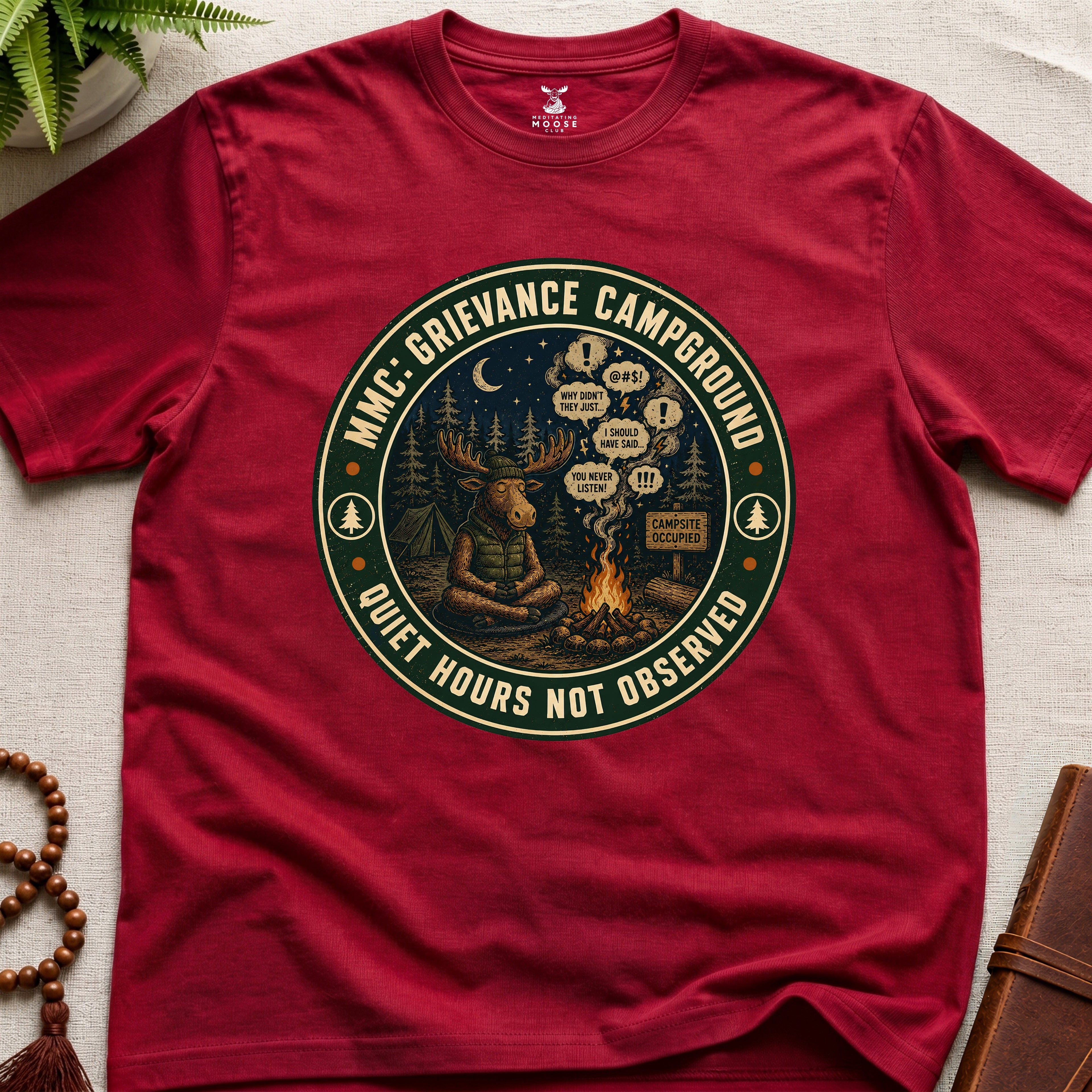 Red funny mindfulness t-shirt mockup featuring Meditating Moose Club Grievance Campground overthinking graphic