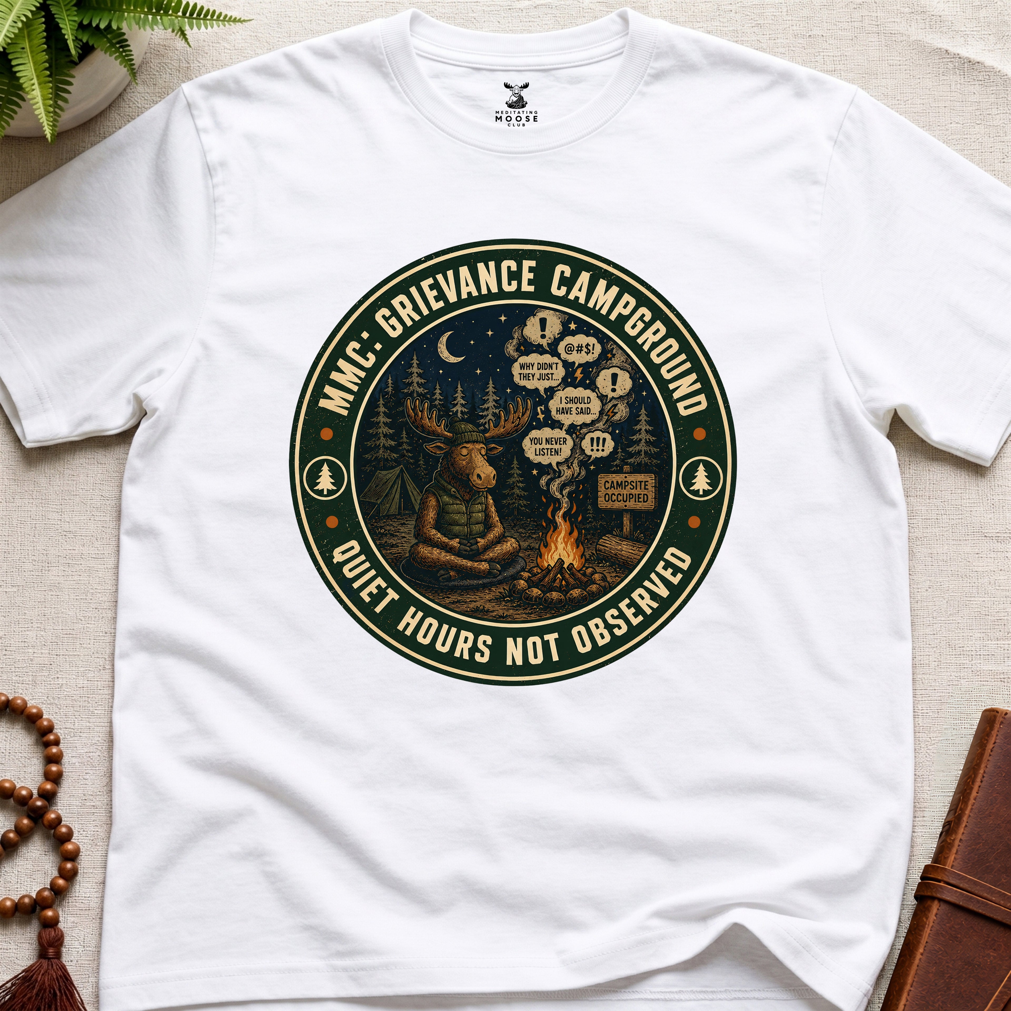 White funny mindfulness t-shirt mockup featuring Meditating Moose Club Grievance Campground overthinking graphic