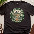 Dark brown mindfulness t-shirt mockup featuring Meditating Moose Club Wander Notice Return mountain trail badge graphic