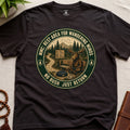 Dark brown funny mindfulness t-shirt mockup featuring Rest Area for Wandering Minds meditating moose vintage badge design