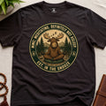 Dark brown funny meditation t-shirt mockup featuring Meditating Moose Club sleepy moose mindfulness graphic