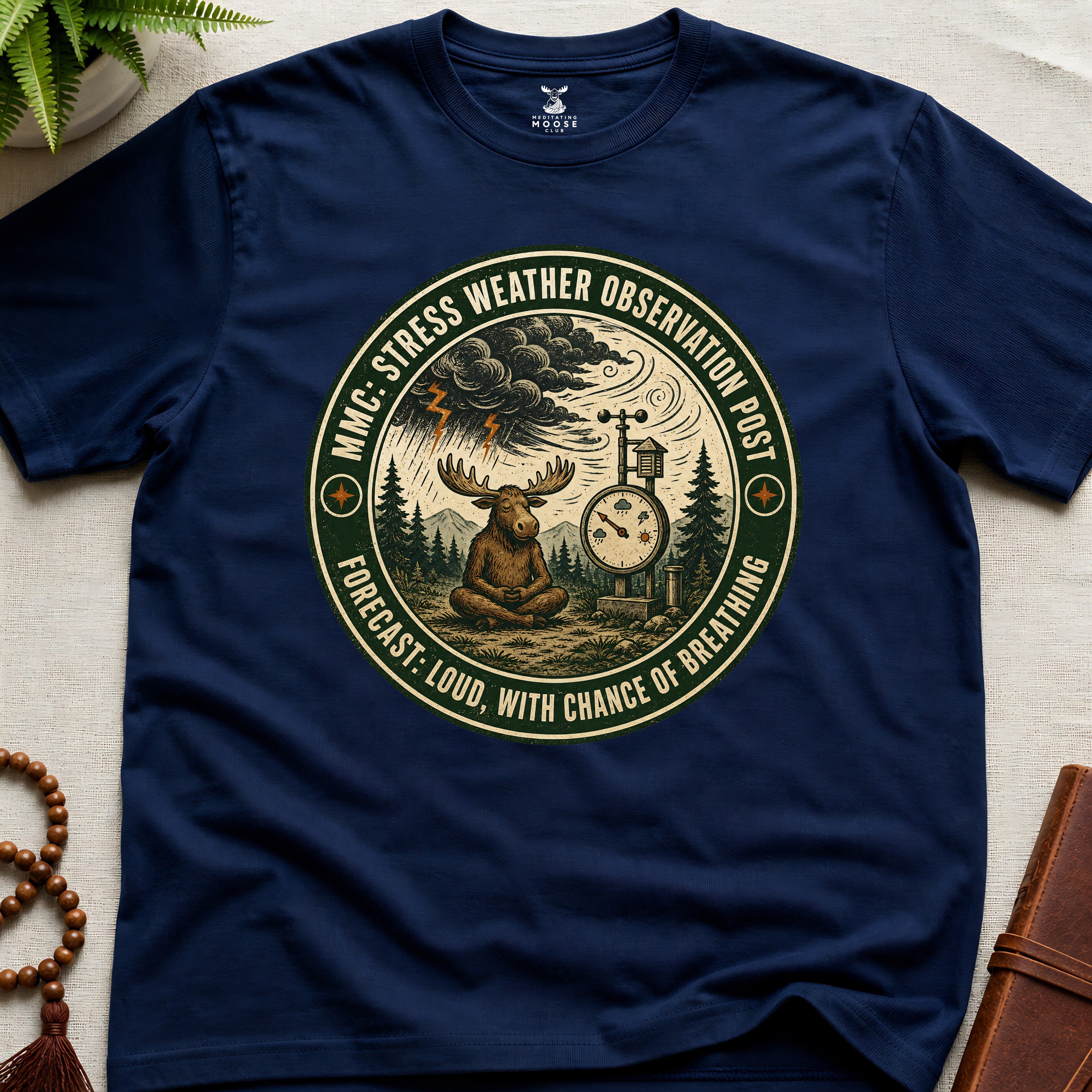 Navy funny mindfulness t-shirt mockup featuring Stress Weather Observation Post meditating moose graphic