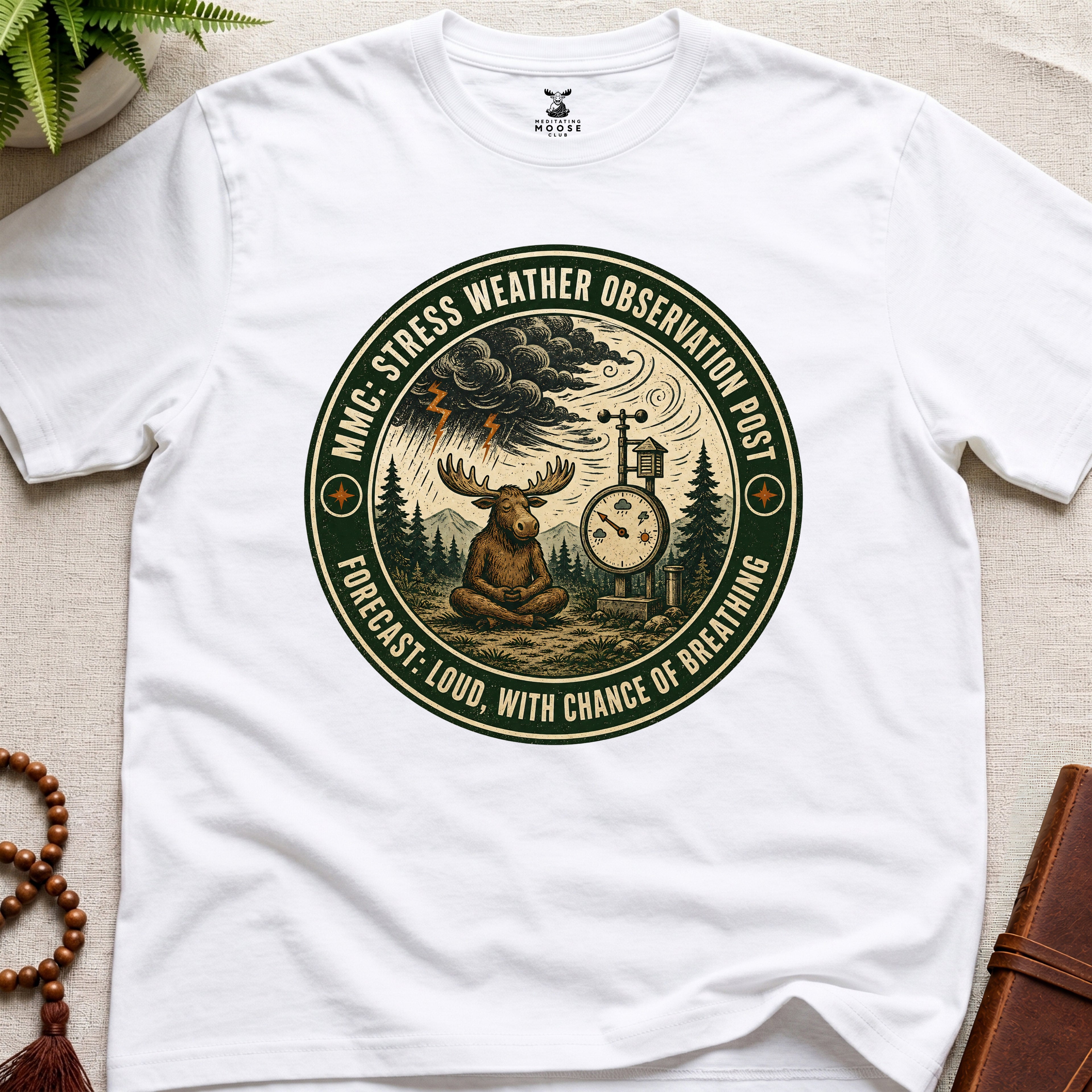 White funny mindfulness t-shirt mockup featuring Stress Weather Observation Post meditating moose graphic
