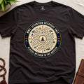 Dark brown unisex mindfulness t-shirt mockup featuring the Meditating Moose Club Attention Recovery Unit graphic with maze navigation design and “Please Return to the Breath” text