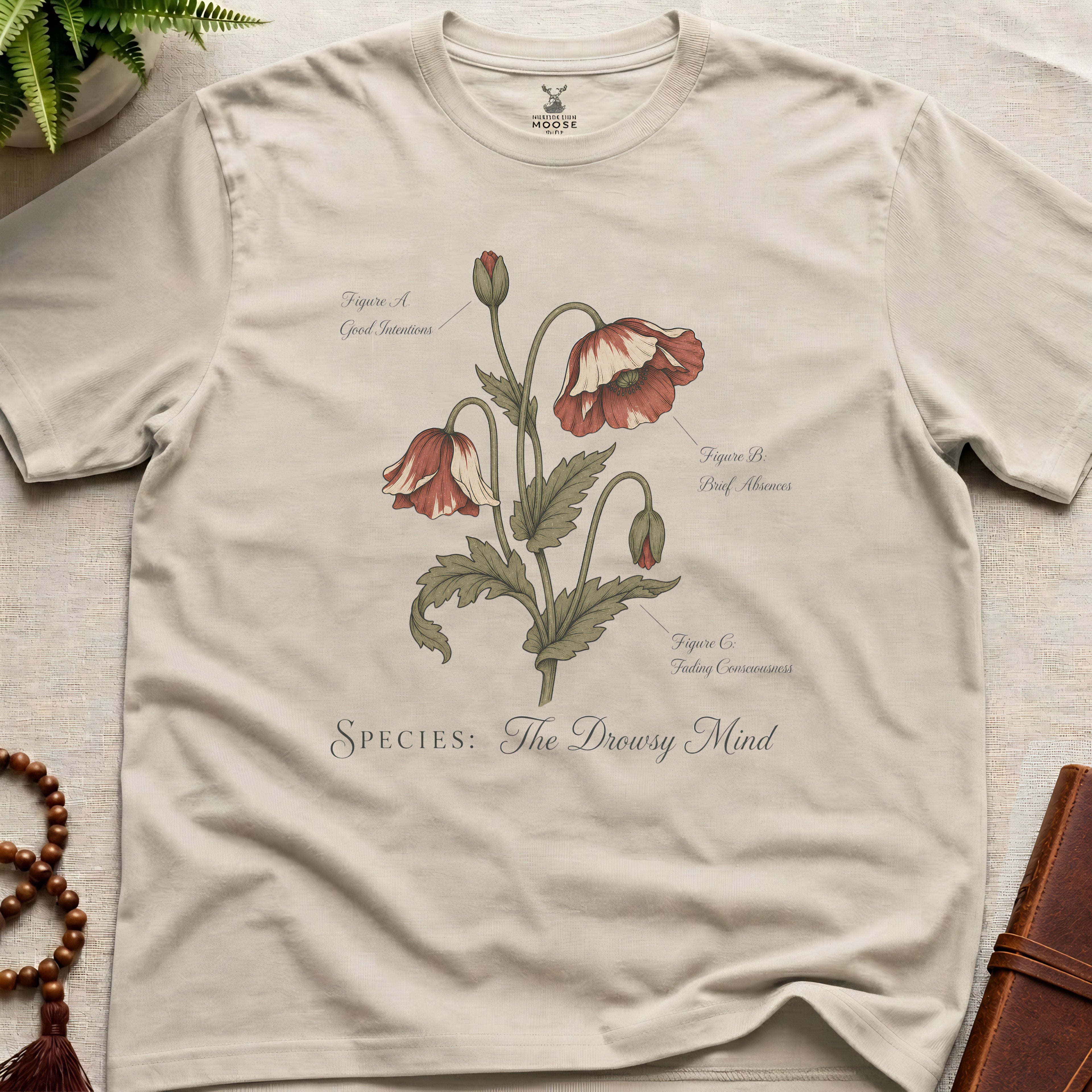 Natural vintage botanical graphic t-shirt featuring drowsy mind natural history illustration