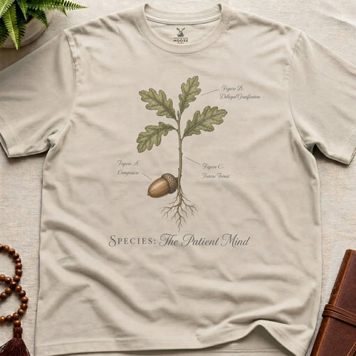 Natural vintage botanical graphic t-shirt featuring patient mind natural history illustration