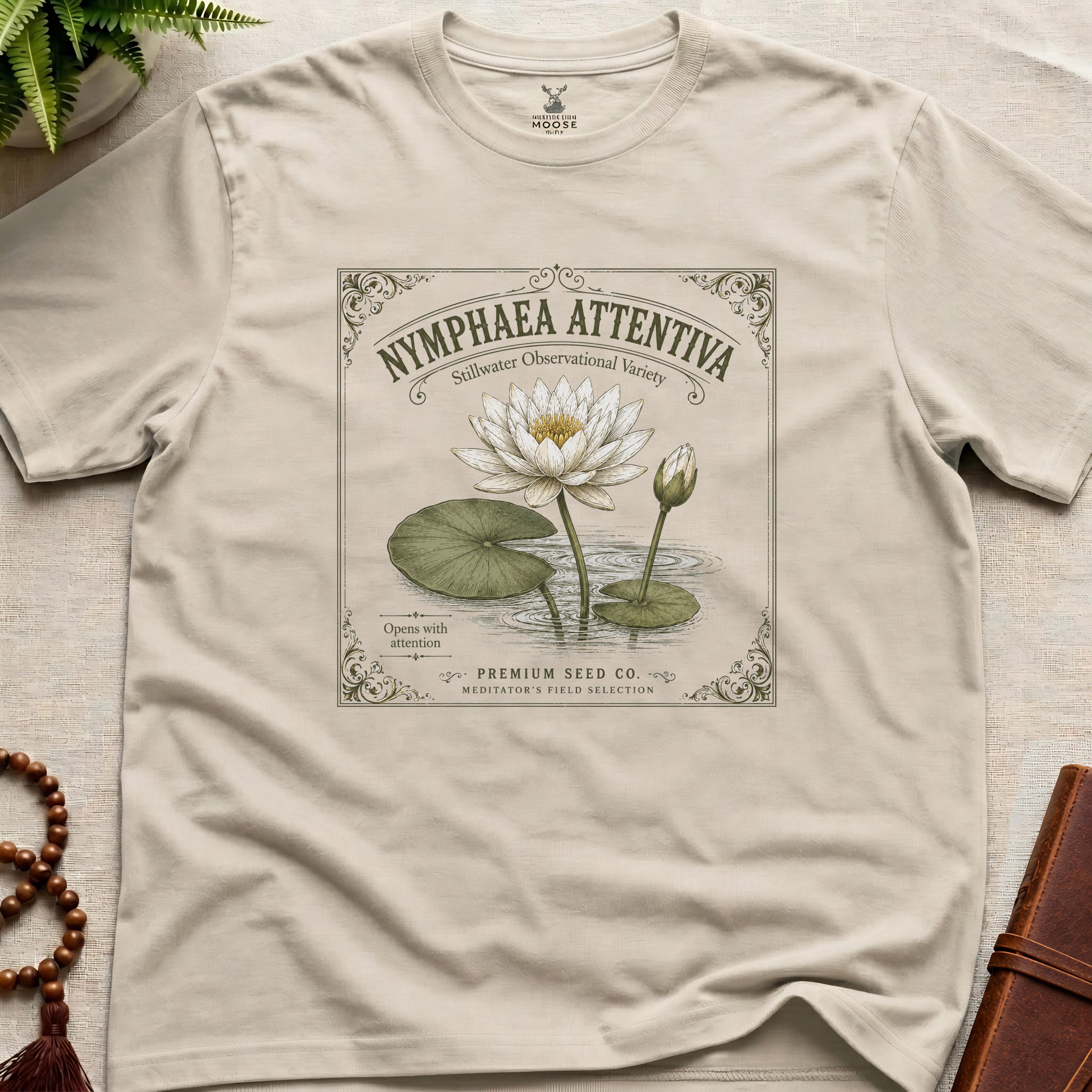 Beige t-shirt with vintage-style seed packet water lily graphic on a beige surface