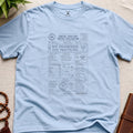 Light blue mindfulness immigration-form t-shirt design reading “Not Enlightened. Just Practicing.” with contemplative customs paperwork and inward travel graphics.