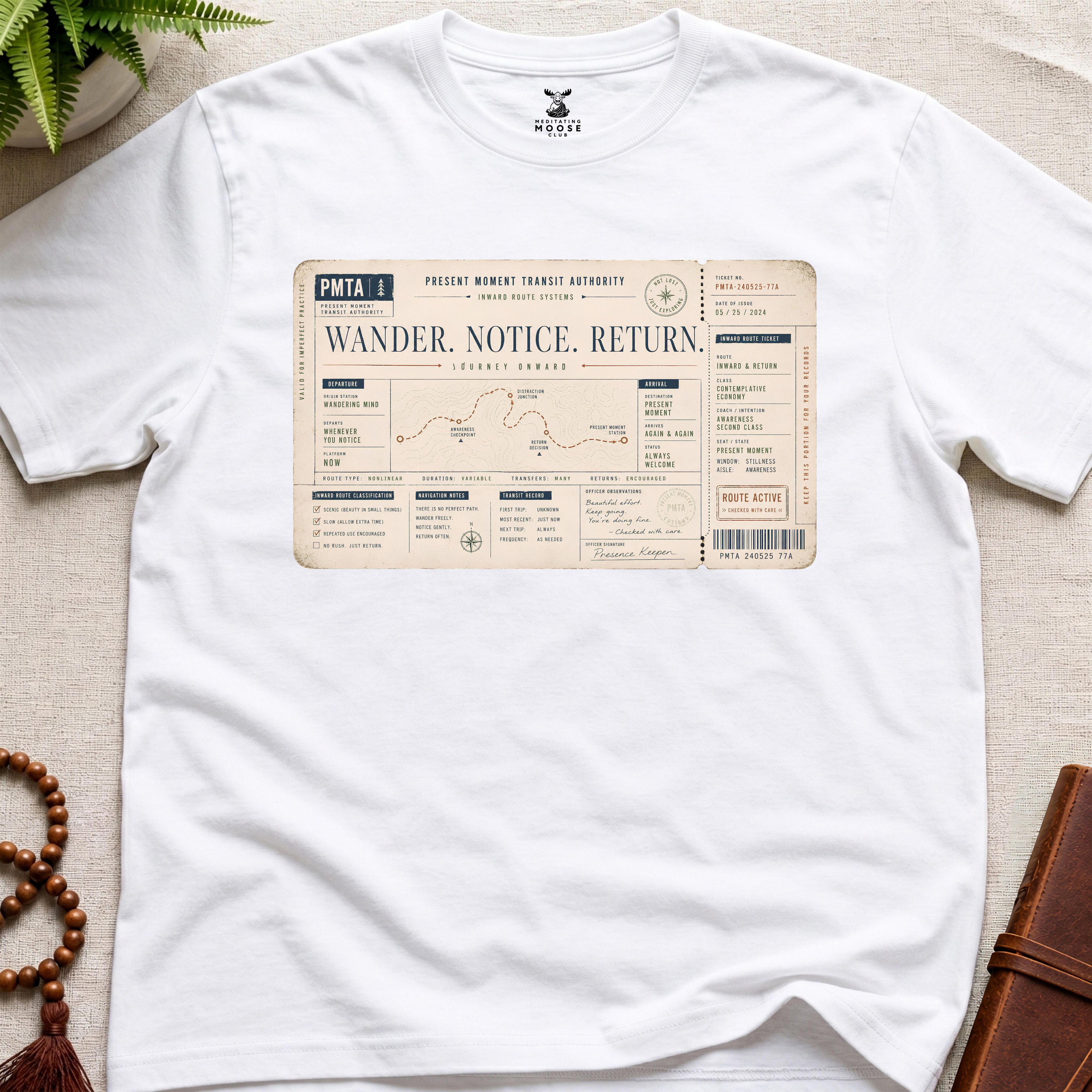 White vintage-style inward transit ticket t-shirt graphic featuring the phrase “Wander. Notice. Return.” with contemplative route systems and awareness checkpoints.
