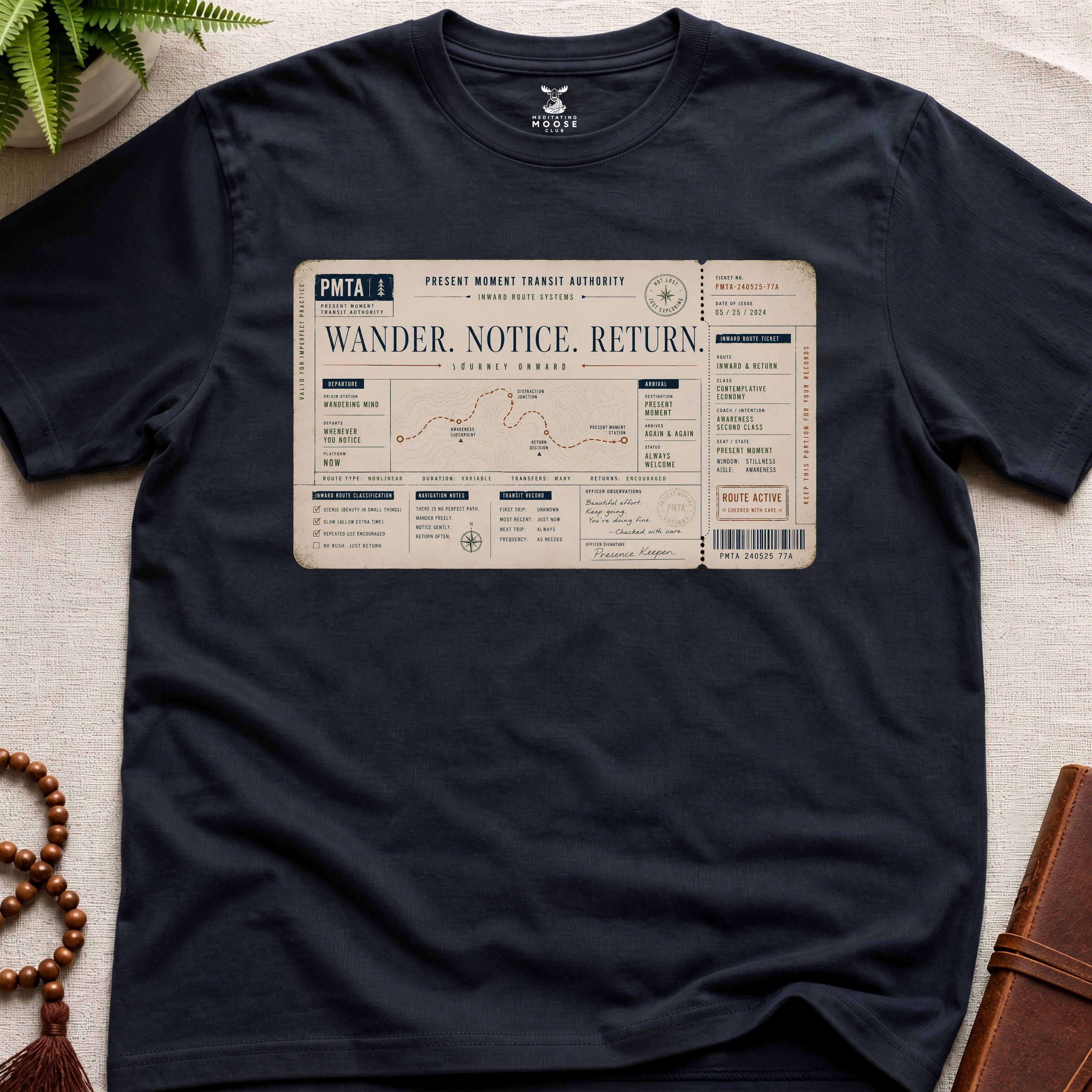 Black vintage-style inward transit ticket t-shirt graphic featuring the phrase “Wander. Notice. Return.” with contemplative route systems and awareness checkpoints.