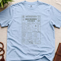 Light blue contemplative inward expedition permit t-shirt graphic reading “Inner Wilderness Explorer” with navigation charts and mindfulness field systems.