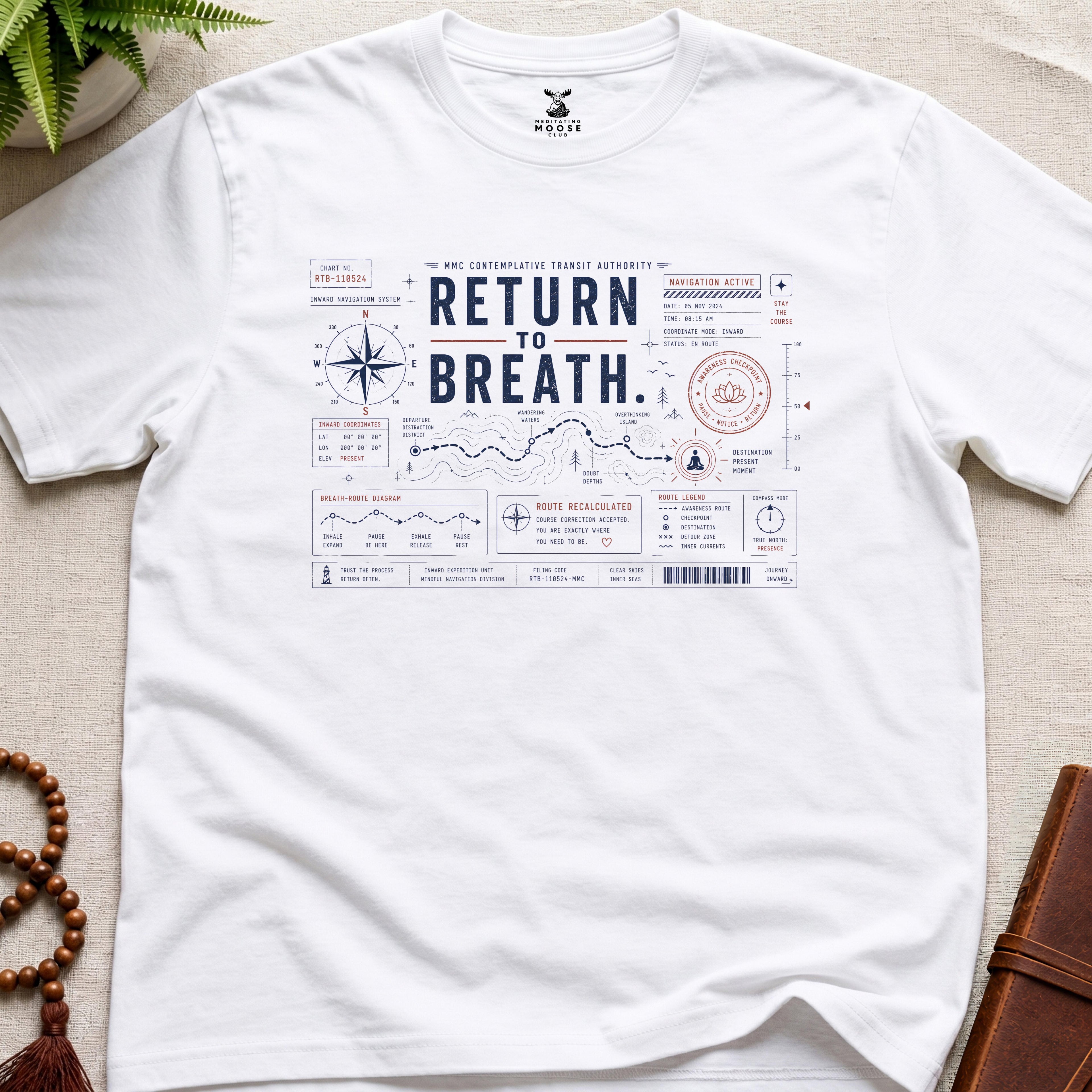 White contemplative navigation-chart t-shirt graphic reading “Return To Breath” with compass systems and inward route diagrams.