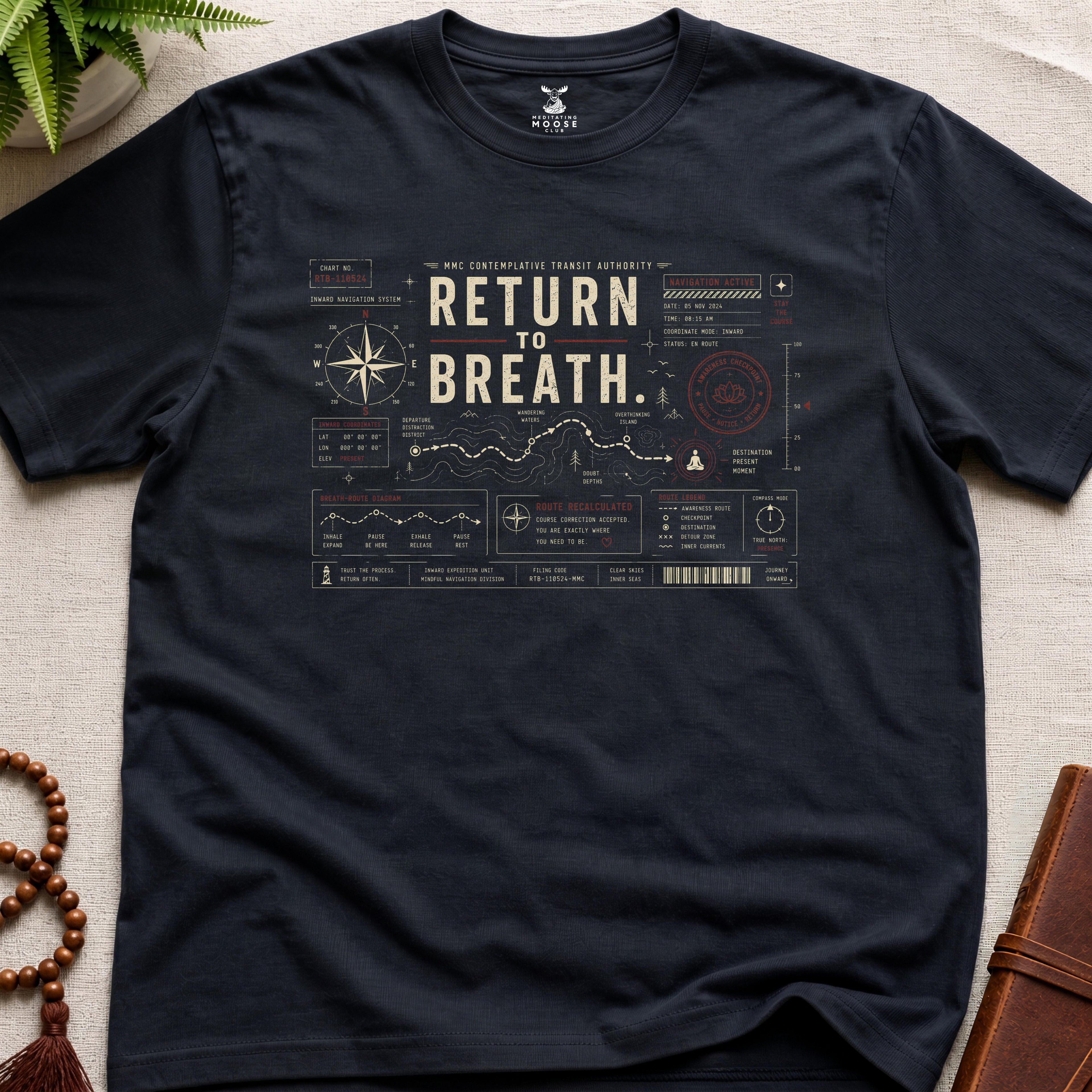 Black contemplative navigation-chart t-shirt graphic reading “Return To Breath” with compass systems and inward route diagrams.