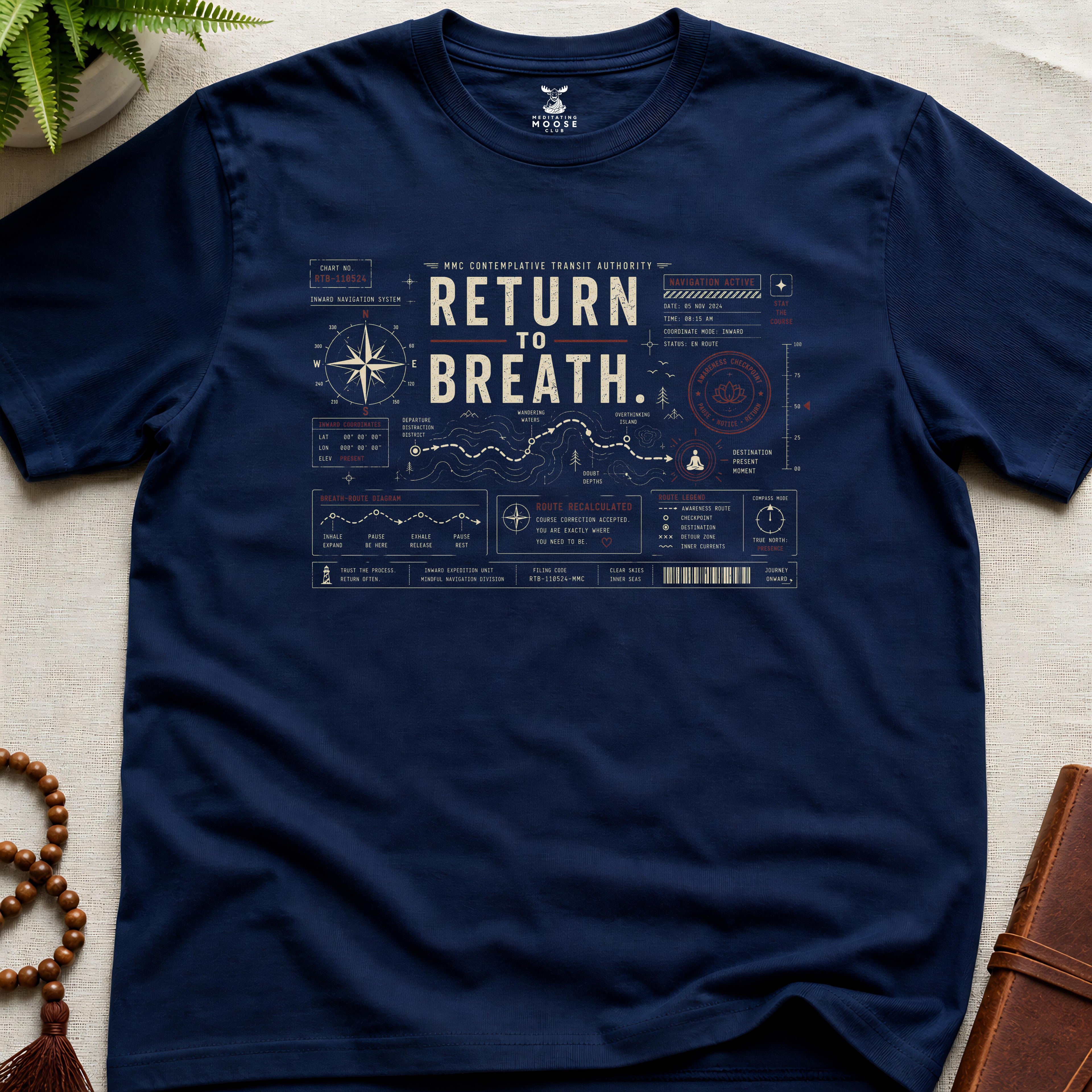 Navy contemplative navigation-chart t-shirt graphic reading “Return To Breath” with compass systems and inward route diagrams.