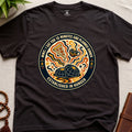 A funny dark chocolate coloured meditation t-shirt with retro hunger badge design featuring pizza coffee and mindfulness humour